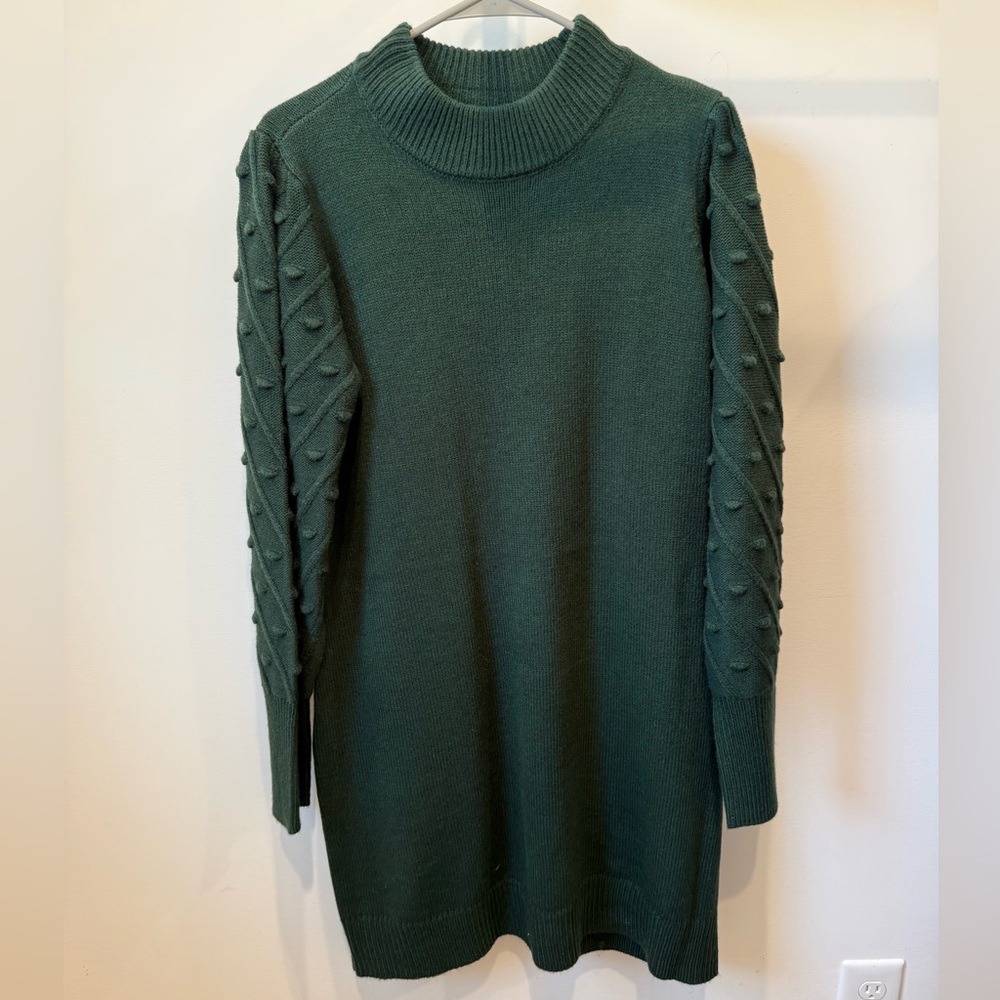 Jessica Howard Dark Green Turtleneck Bobble-Sleeve Sweater Dress